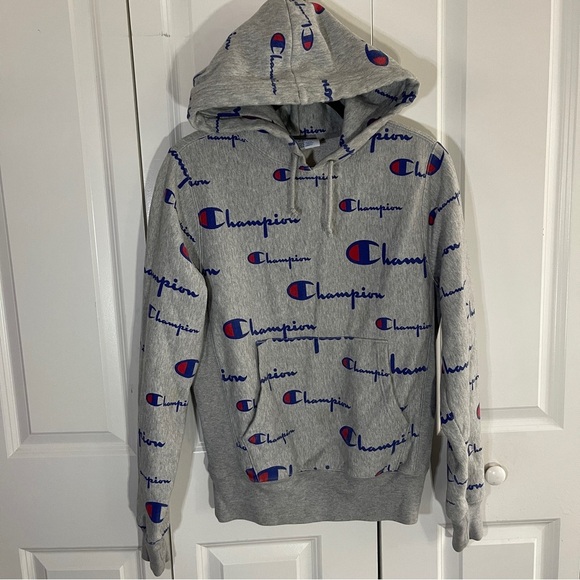Champion Size Small Gray Reverse Weave All Over Print Hoodie Mens Pullover Logo - Picture 1 of 6